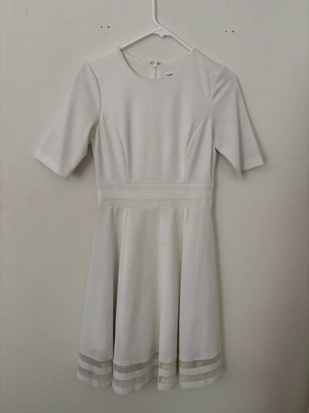 Calvin Klein Size 2 White Fit & Flare Dress Sheer Hem Midi